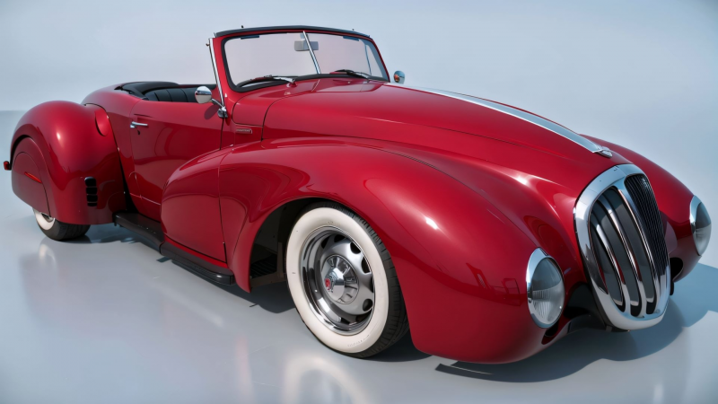 red 1940s American sports car with wide white wall tires.png